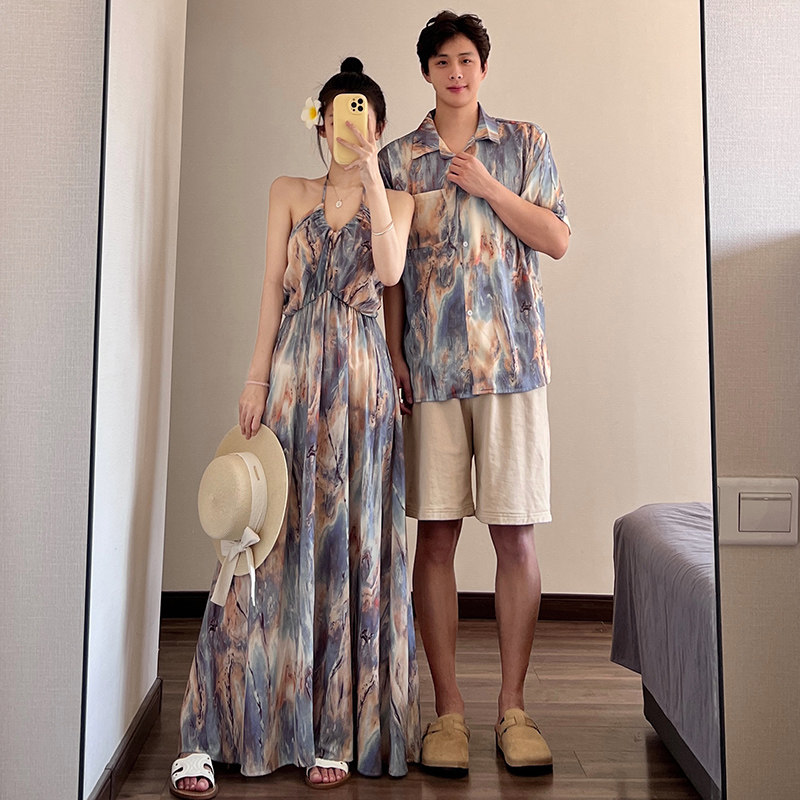 沙滩情侣装夏季短袖印花衬衫度假风法式吊带连衣长裙海边出游穿搭