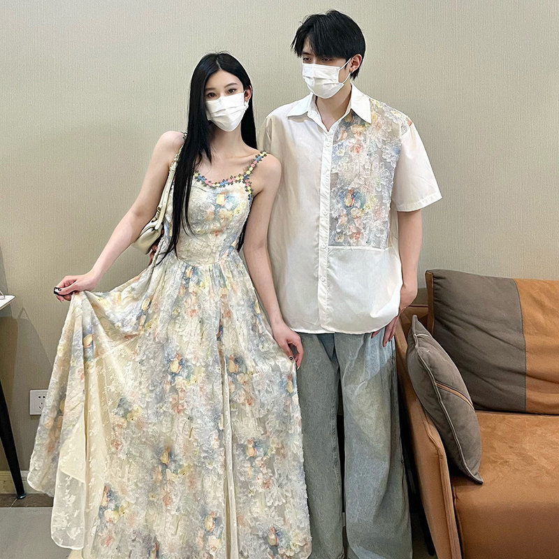 小众设计感情侣装夏季2025新款短袖衬衫吊带女连衣裙法式一裙一衣