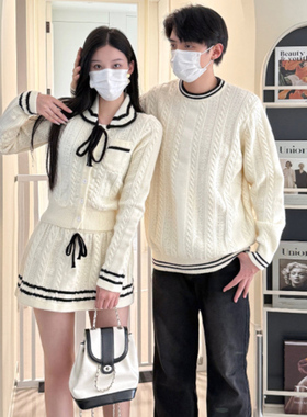 情侣装秋冬季新款娃娃领蝴蝶结半身裙针织短款开衫女毛衣两件套装