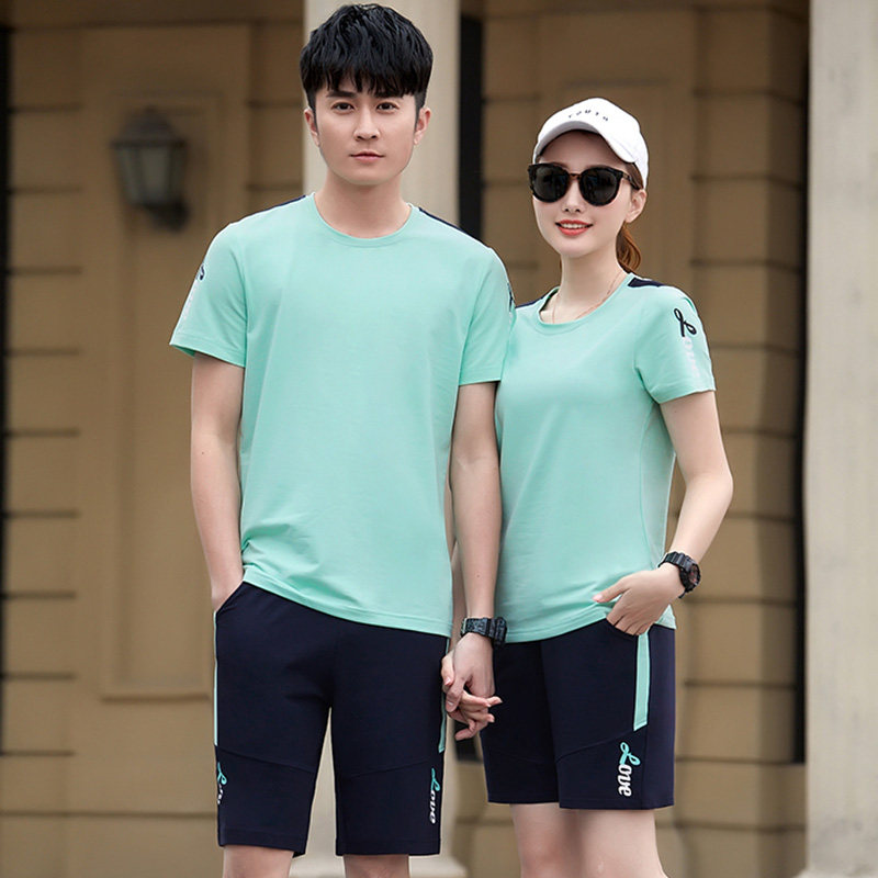 圆领短袖情侣运动装跑步休闲两件套女夏季短裤运动套装男2025新款