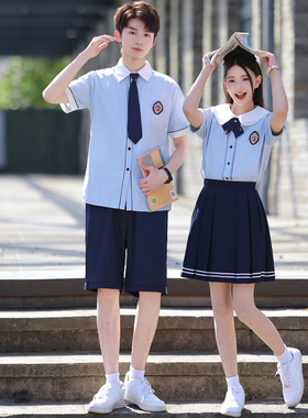 班服初中生学院风蓝色条纹六年级毕业照衬衫高中小学裙子校服套装