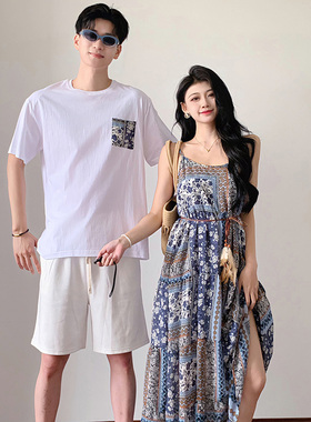 沙滩旅游情侣装夏装2025新款露肩吊带海边拍照连衣裙超仙一裙一衣