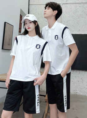情侣装夏季2025新款短袖polo衫学生班服T恤两件套休闲运动服套装