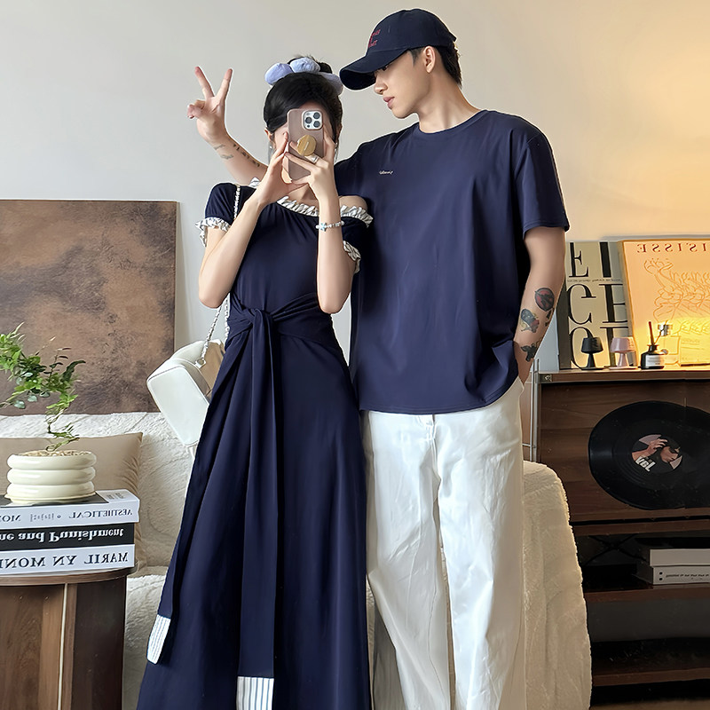 海边风小众设计感情侣装夏季短袖T恤拼接女连衣裙法式一裙一衣潮