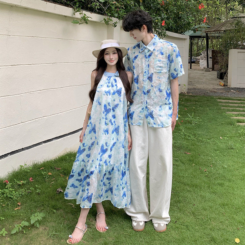 情侣装2026夏季法式无袖挂脖蝴蝶印花连衣裙海边沙滩长裙一裙一衣