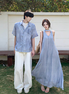 情侣装2026法式夏清冷感海边度假风显瘦蓝色V领连衣裙女一衣一裙