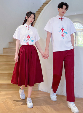 中国风情侣装夏季刺绣短袖T恤复古文艺立领盘扣民国唐装男女班服