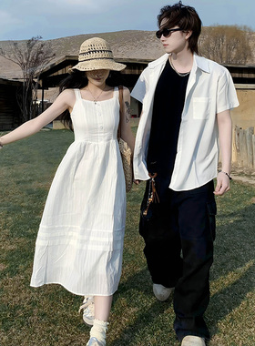 三亚旅行情侣装夏装短袖衬衫海边度假风白色边吊带连衣裙一衣一裙