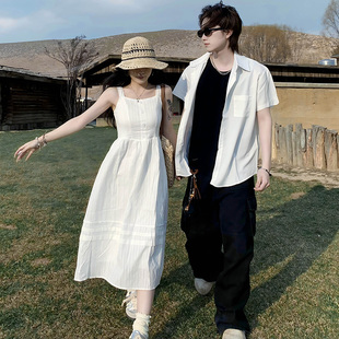衬衫 短袖 海边度假风白色边吊带连衣裙一衣一裙 夏装 三亚旅行情侣装