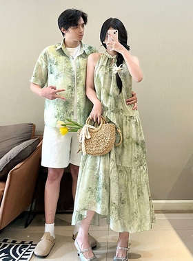 2025夏季新款新中式无袖挂脖绿色连衣裙子夏季男短袖衬衫一衣一裙
