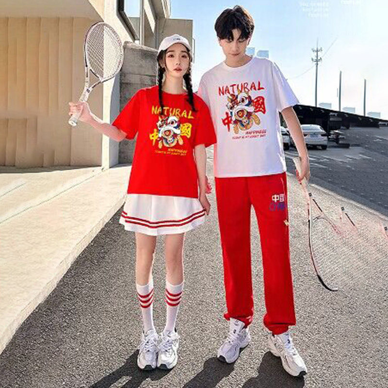 2025夏新款短袖运动套装表演服男女T恤短裤休闲两件套班服情侣装