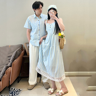 夏季 男法式 韩版 衬衫 茶歇海边风吊带连衣裙一衣一裙 短袖 2025情侣装