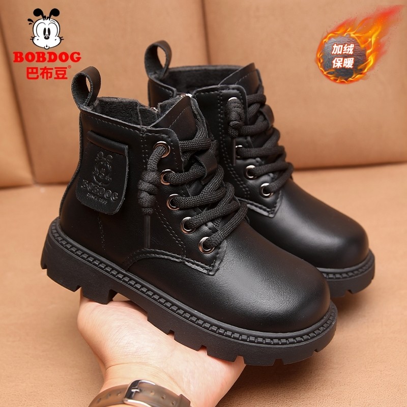 巴布豆儿童皮鞋马丁靴2025冬季新款加绒保暖男童棉鞋男孩短靴黑色
