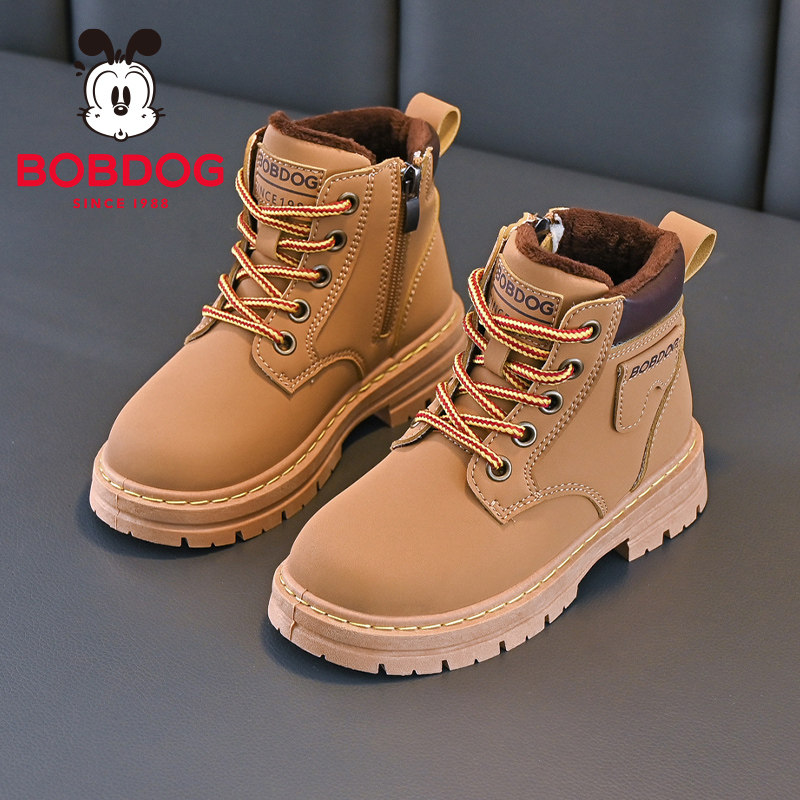 巴布豆童鞋儿童皮靴冬季加绒加厚男孩马丁靴2025新款男童保暖棉靴