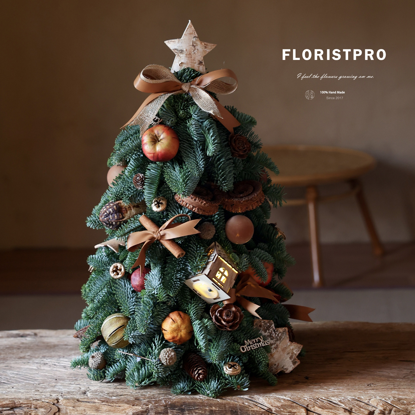 进口诺贝松圣诞树桌面摆件真松干花干果橘子柠檬空气凤梨圣诞礼物