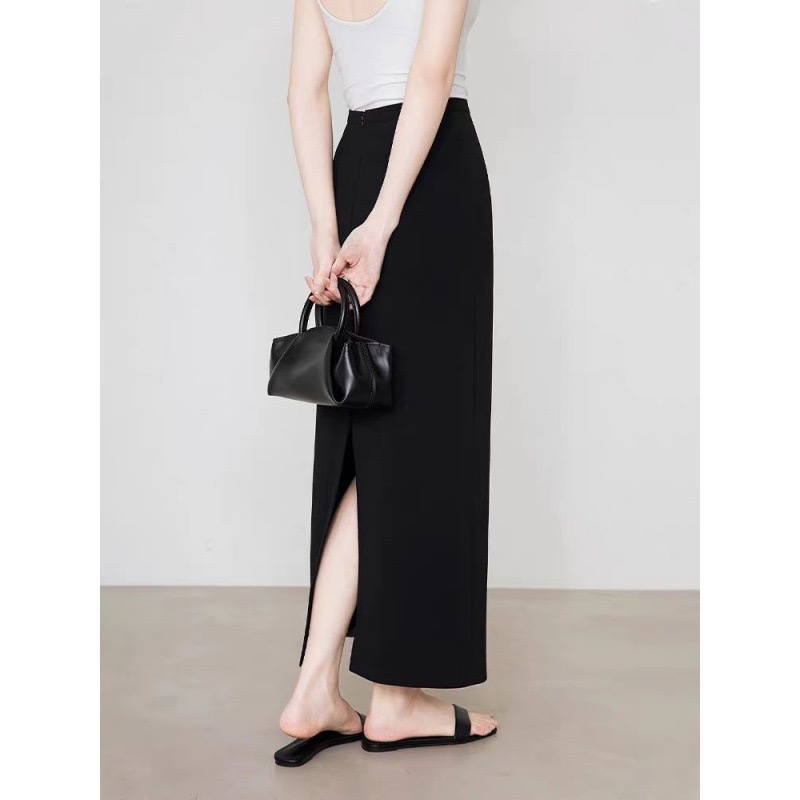 黑色直筒半身裙女春夏2025新款大码胖mm高腰显瘦开叉西装裙中长款