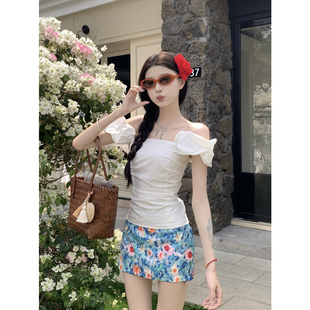小众一字肩上衣吊带背心女夏季 甜辣妹套装 碎花包臀裙半身裙两件套