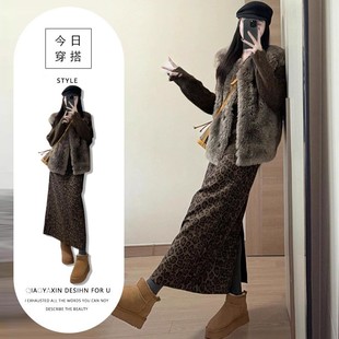 女2025秋冬显瘦气质高级感潮 复古豹纹风毛领外套半裙装 新款 单件