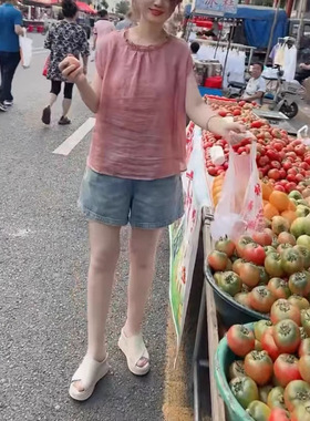 25815新大爱美依缘2026夏季新花边领减龄宽松上衣高腰牛仔短裤女