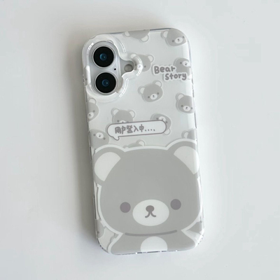 可爱满屏灰白轻松熊适用于苹果16pro温柔风17新款双层imd13光面大孔12小众简约高级感11
