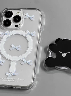 温柔简约满屏蝴蝶结适用于苹果15/14高级透明磁吸全包软边大孔硬壳11/12promax高级防摔高透13