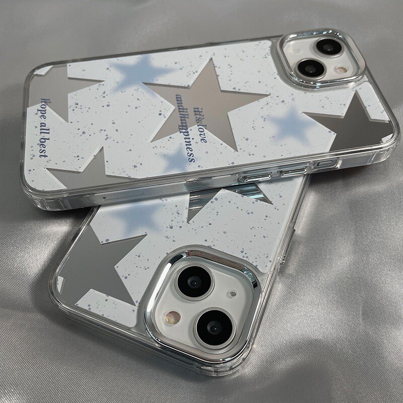 女神辣妹风泼墨蓝色星星镜面壳ins风适用于苹果14手机壳镜子11/12promax高级xs/xr防摔7p创意