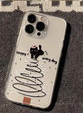 黑色线条小猫圣诞树冬日适用于苹果15promax软14p搞怪手机壳透明个性 11/12promax高级xs/xr防摔7p