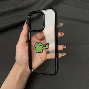 创意中指嘲讽绿青蛙黑边框亚克力适用于苹果16/15promax手机壳iPhone11个性潮流XR软78p男生搞怪12简约13