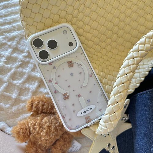 简约碎花小熊磁吸壳iPhone17新款适用于苹果16Promax手机壳磨砂软边14马卡龙亚克力13高透12背板