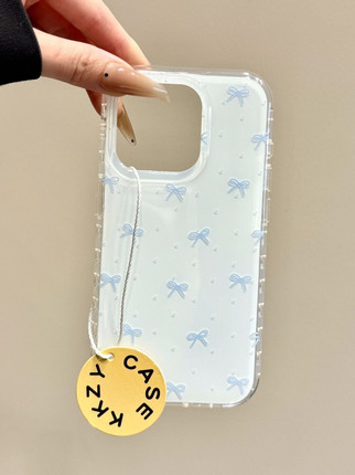 可爱少女满屏蓝色蝴蝶结波点适用于苹果16pro温柔风17新款双层imd13光面大孔12小众简约高级感11