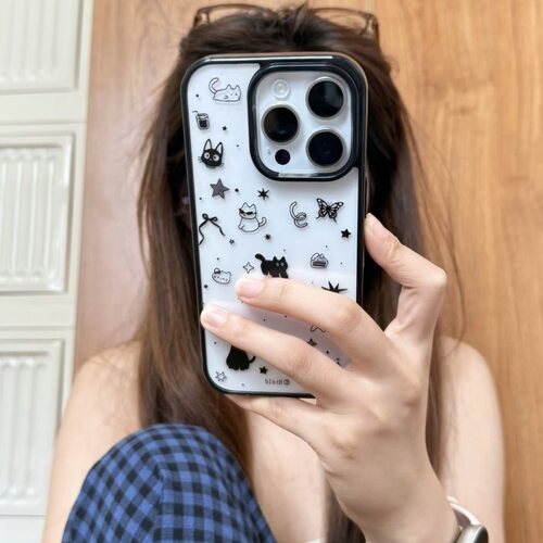 可爱黑猫元素小涂鸦黑边框亚克力适用于苹果16/15promax手机壳iPhone11个性创意XR软78p女12简约13可爱