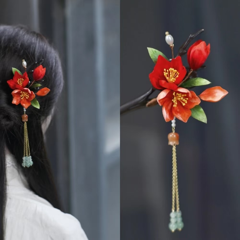 隐木原创【石榴花】19cm手工非遗桑蚕丝绒花发簪家居饰品东方美学
