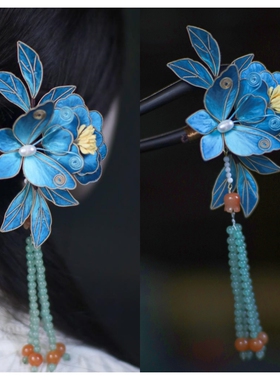 隐木【蝶恋花】非遗桑蚕丝绒花掐丝牡丹蝴蝶步摇重工艺家居饰品