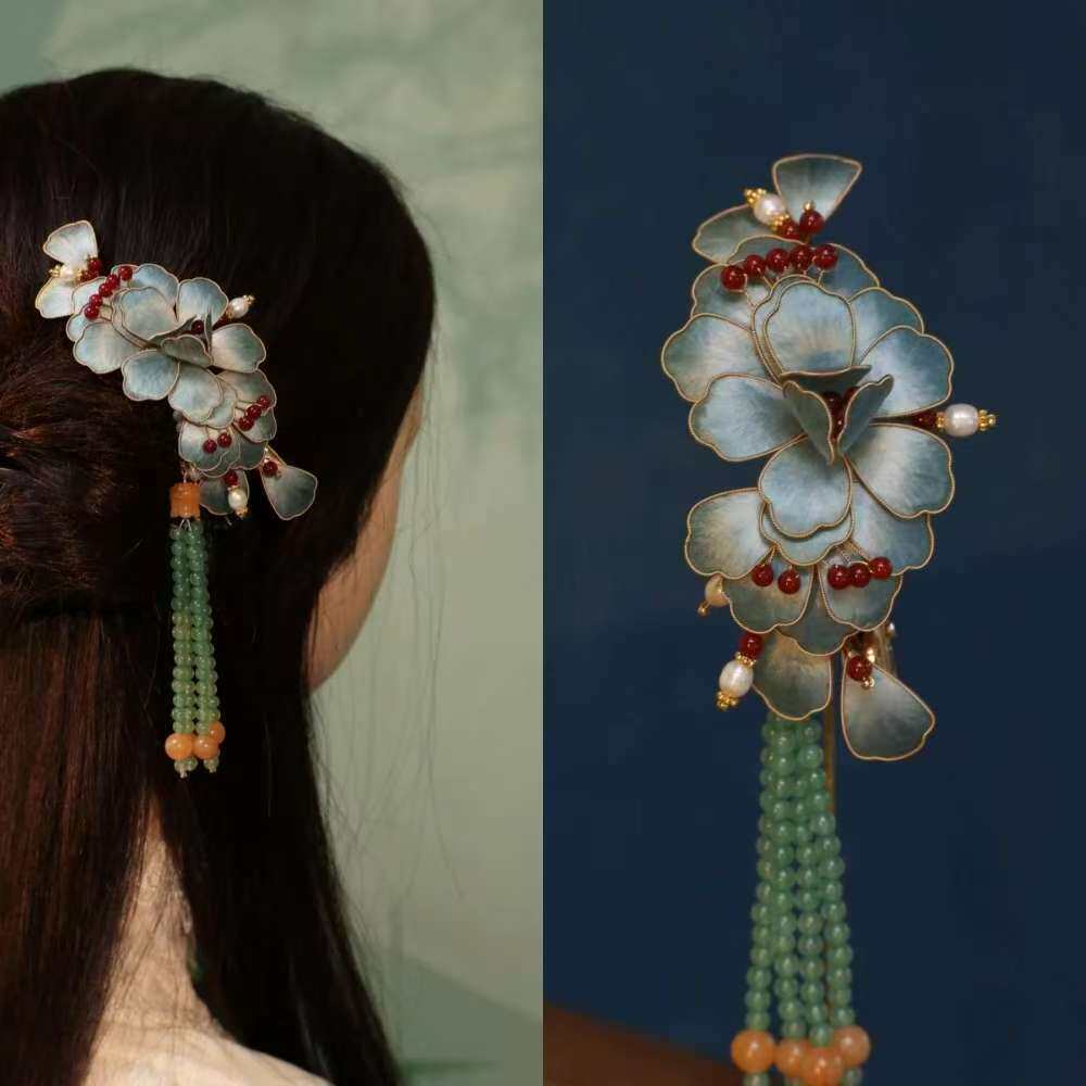 隐木原创【国色芳华】非遗桑蚕丝绒花牡丹边夹掐丝工艺天青色,饰品/流行首饰/时尚饰品新,发饰,淘宝优惠券,粉丝福利购,淘宝优惠卷