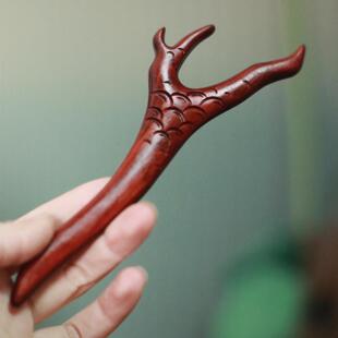 隐木原创【头上有犄角】天然犀角紫檀木簪18cm有龙则灵龙角发簪