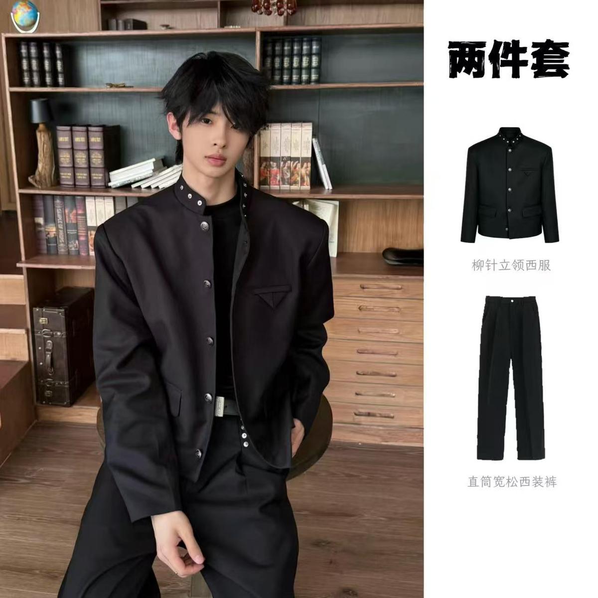 春秋新中式立领垫肩短款西服男