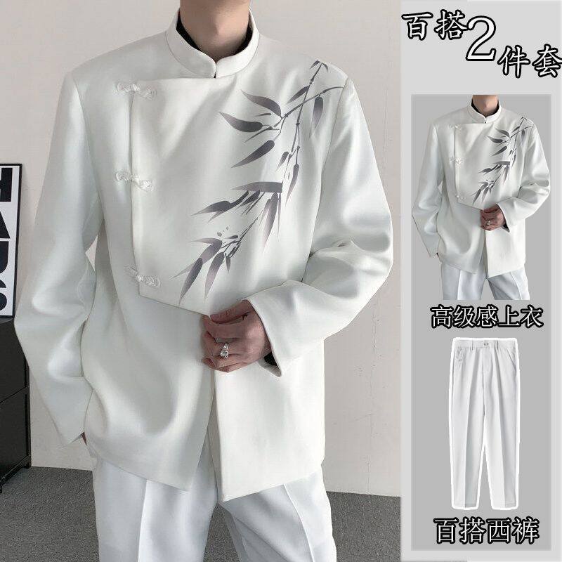 新中式男装套装白色中山装结婚登记国风立领斜襟盘扣西装礼服外套