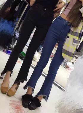 夏季新款高腰长牛仔喇叭裤女 微喇黑色裤子嗽叭小女孩裤长