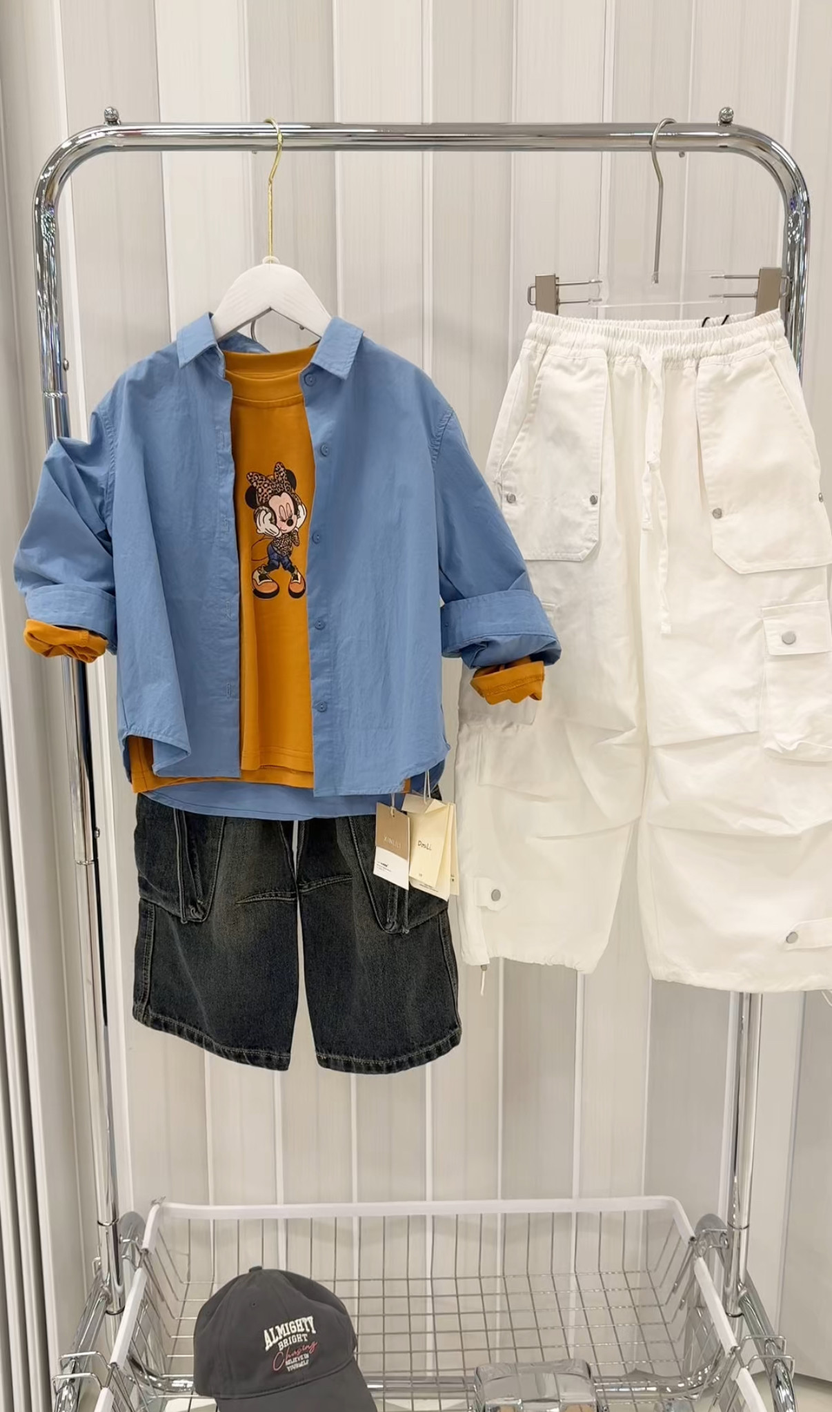 男童套装春款小童韩版棉布衬衫+洋气工装大口袋牛仔裤+米奇t恤