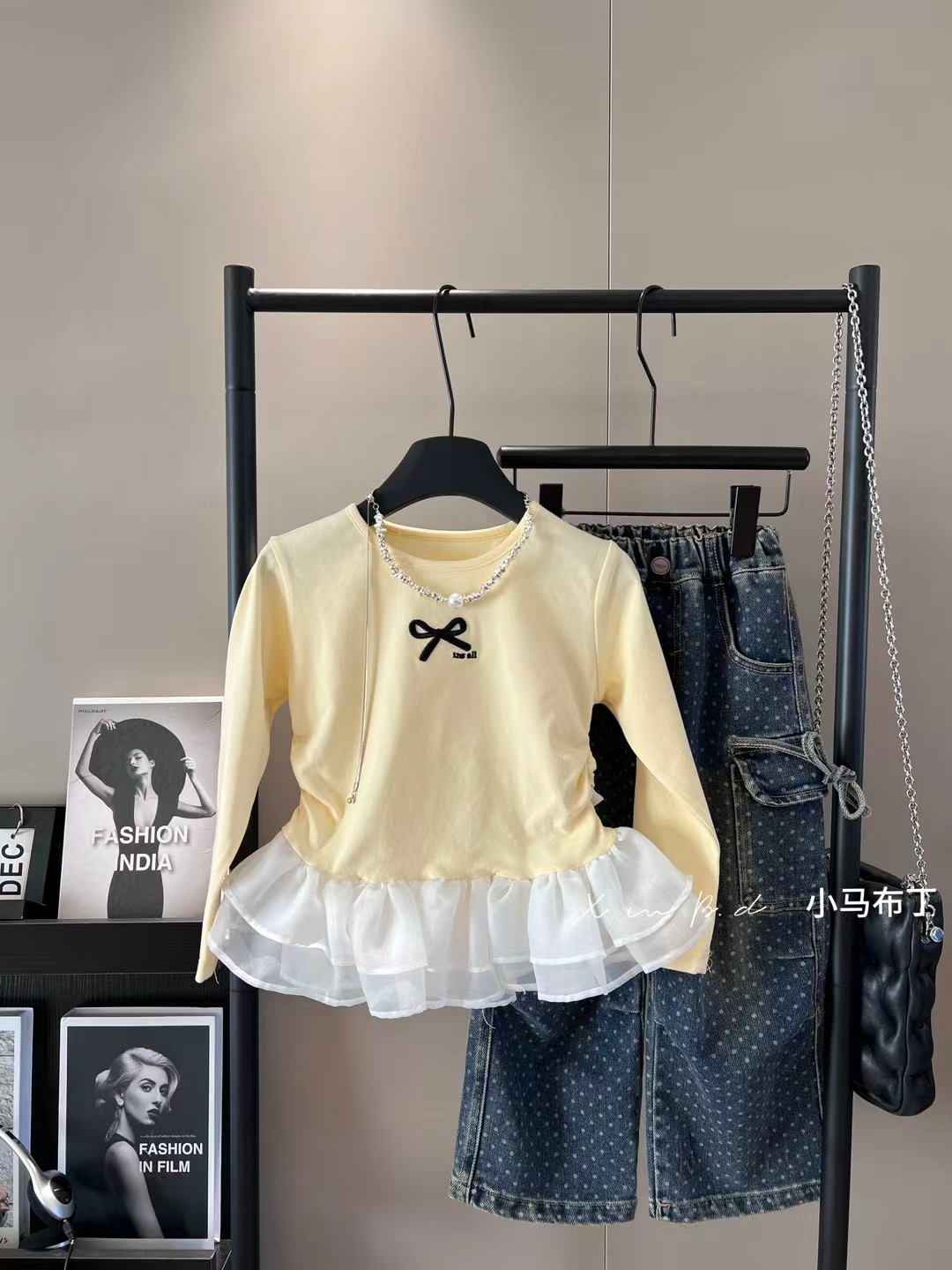 女童甜美套装2026春款中小童洋气百搭网纱拼接打底衫+阔腿牛仔裤