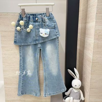 女童屁帘款牛仔裤2026春款中小童韩版可爱百搭拼接裙摆牛仔喇叭裤