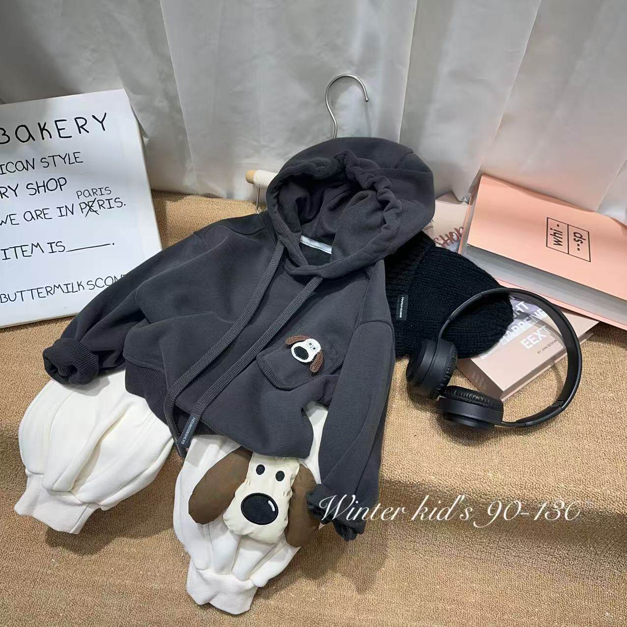 男童宽松加绒卫衣2025小童韩版洋气百搭立体小狗一体绒连帽卫衣潮