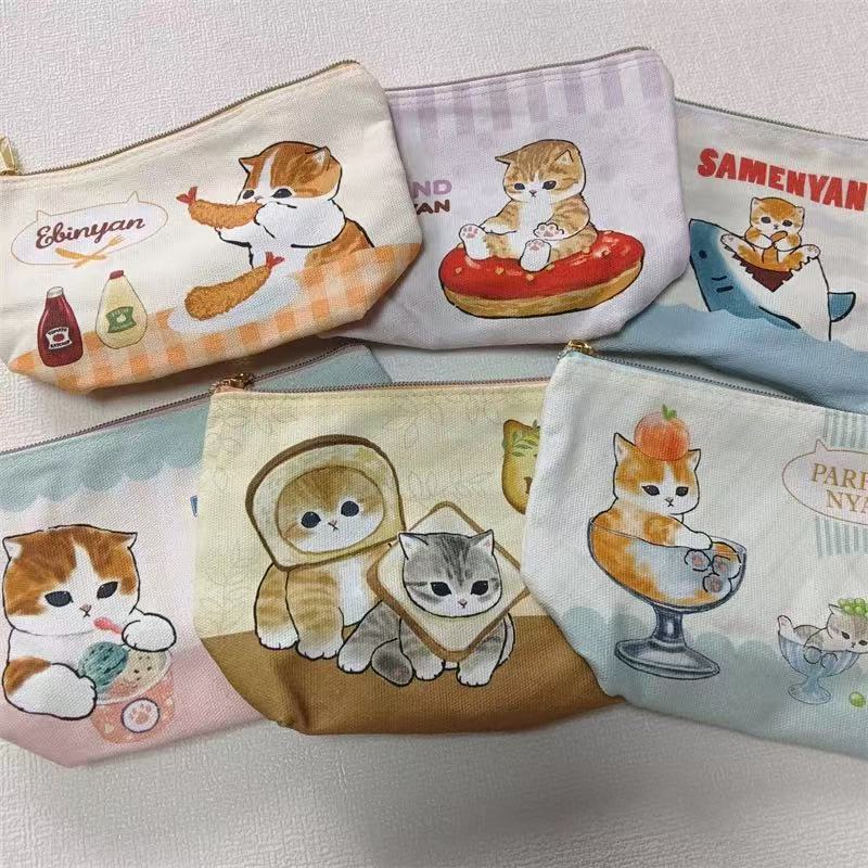 日本mofusand鲨鱼猫化妆包卡通可爱双面图案炸虾猫帆布手拿收纳包