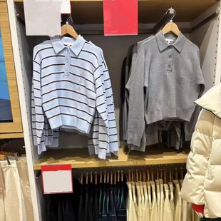 温柔知性 春季女装纯色/条纹短款POLO领打底针织衫482971/484503