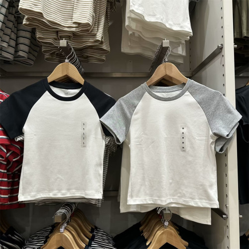 女士纯色条纹短袖辣妹T474410