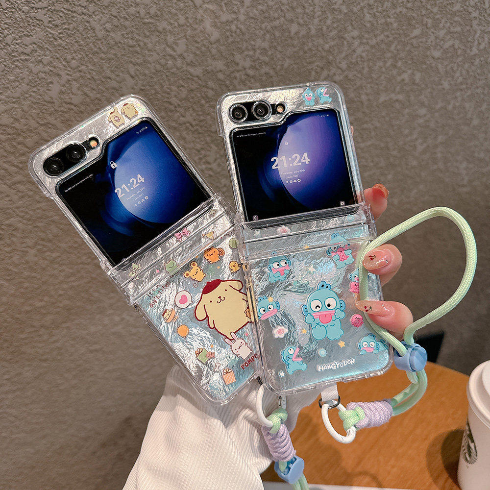 适用于适用于三星Zflip7/Zflip6折叠手机壳布丁狗SamsungZflip5章鱼Zflip4带手炼卡通Zflip3透明保护套硬壳带