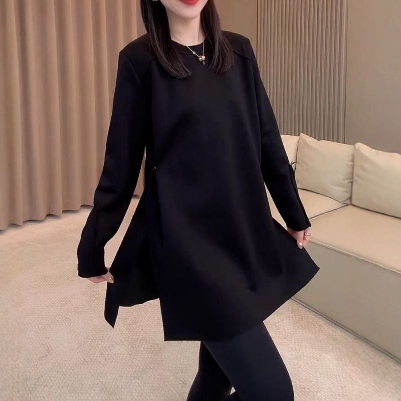 大码胖mm侧开叉正肩长袖T恤女 2025新款宽松显瘦内搭中长款衫上衣