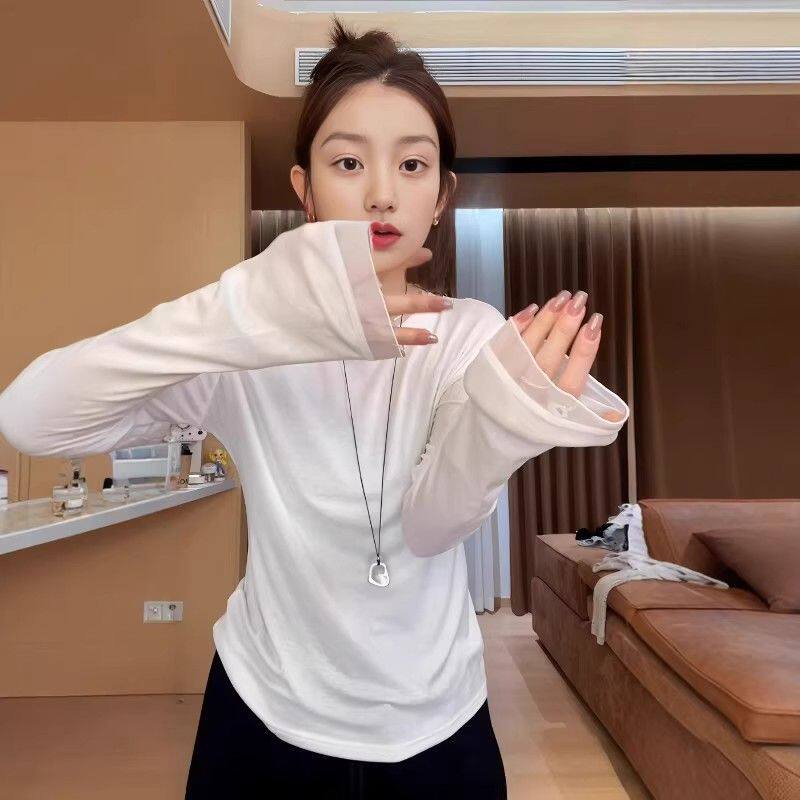 大码胖mm纯色网纱拼接长袖T恤女 2025新款宽松显瘦百搭打底衫上衣