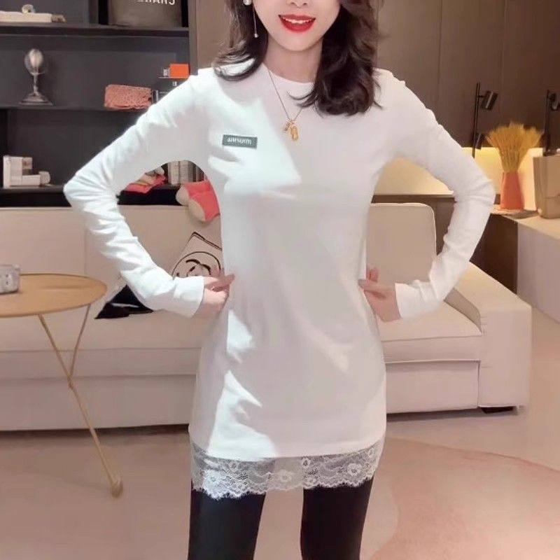 大码胖mm蕾丝拼接长袖T恤女 2025新款气质修身显瘦打底上衣中长款