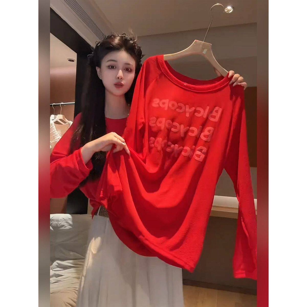 欧货字母印花防晒罩衫T恤女 2026新款大码胖mm慵懒风显瘦长袖上衣